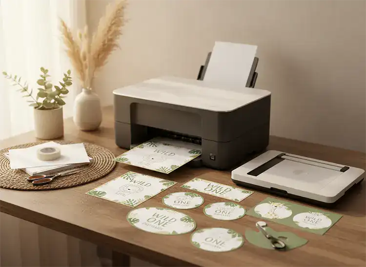 Home printing setup for Wild One party printables with cardstock and tools