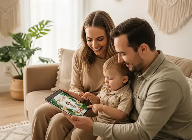 Family sharing digital thank-you photos from Wild One birthday celebration