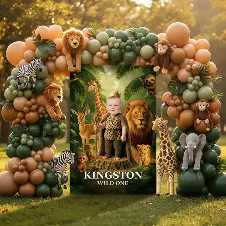 Wild One personalized welcome sign styled with balloon arch and jungle decor