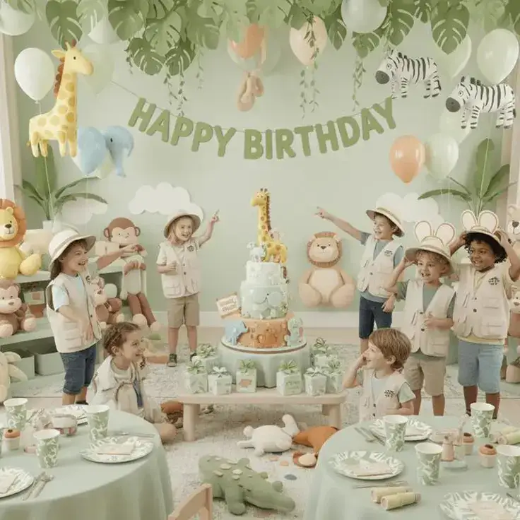 Adopt an Animal corner for Wild One party with plush toys and wooden crates