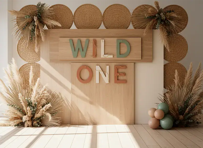 Layered neutral boards and rattan backdrop with WILD ONE letters in earthy tones