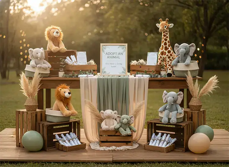 Adopt-an-Animal station with plush jungle toys, wooden crates and a framed sign