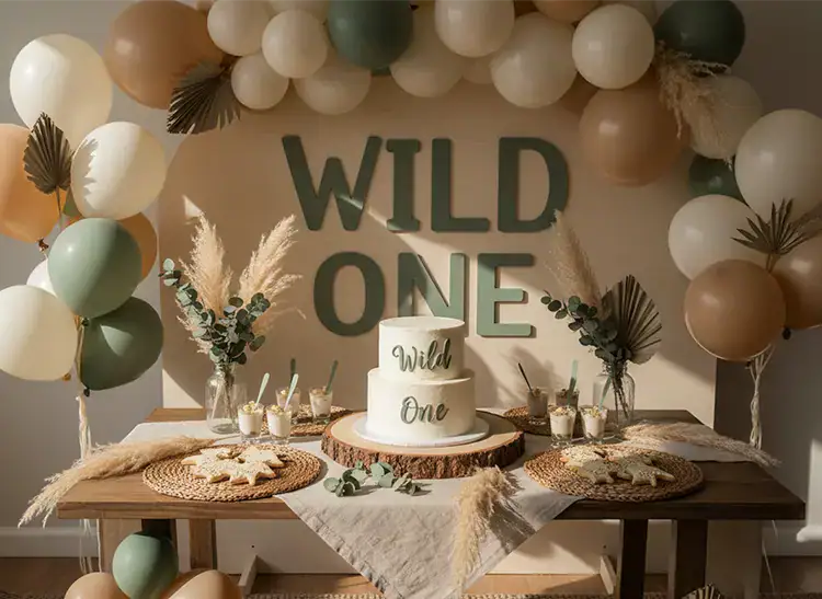 Wild One dessert table styled in sage, beige and ivory with greenery accents