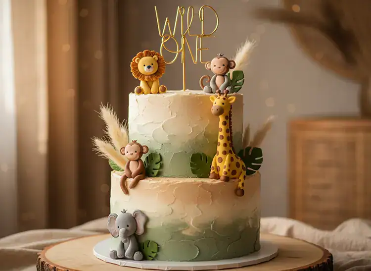 Wild One themed cake centerpiece with matching neutral dessert table