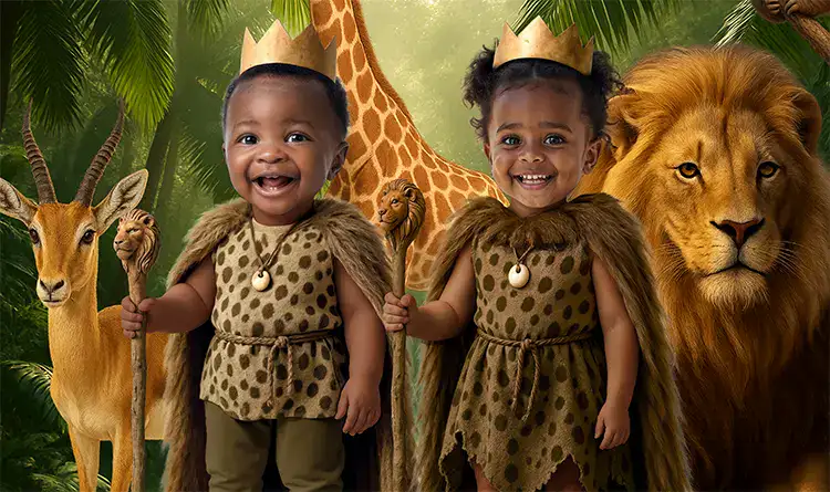 Two siblings wearing coordinated Wild One outfits in sage and beige for a family photo