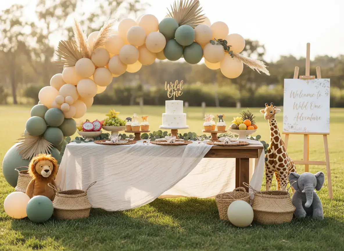 Wild One birthday Paarty ideasinspiration with soft jungle greens, warm neutrals and baby animal accents