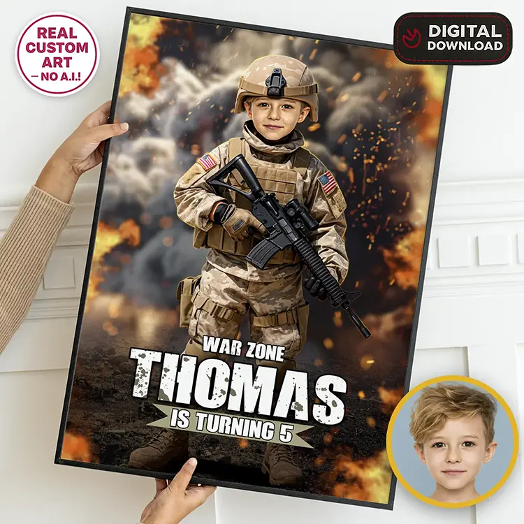 Army birthday welcome sign with kid photo