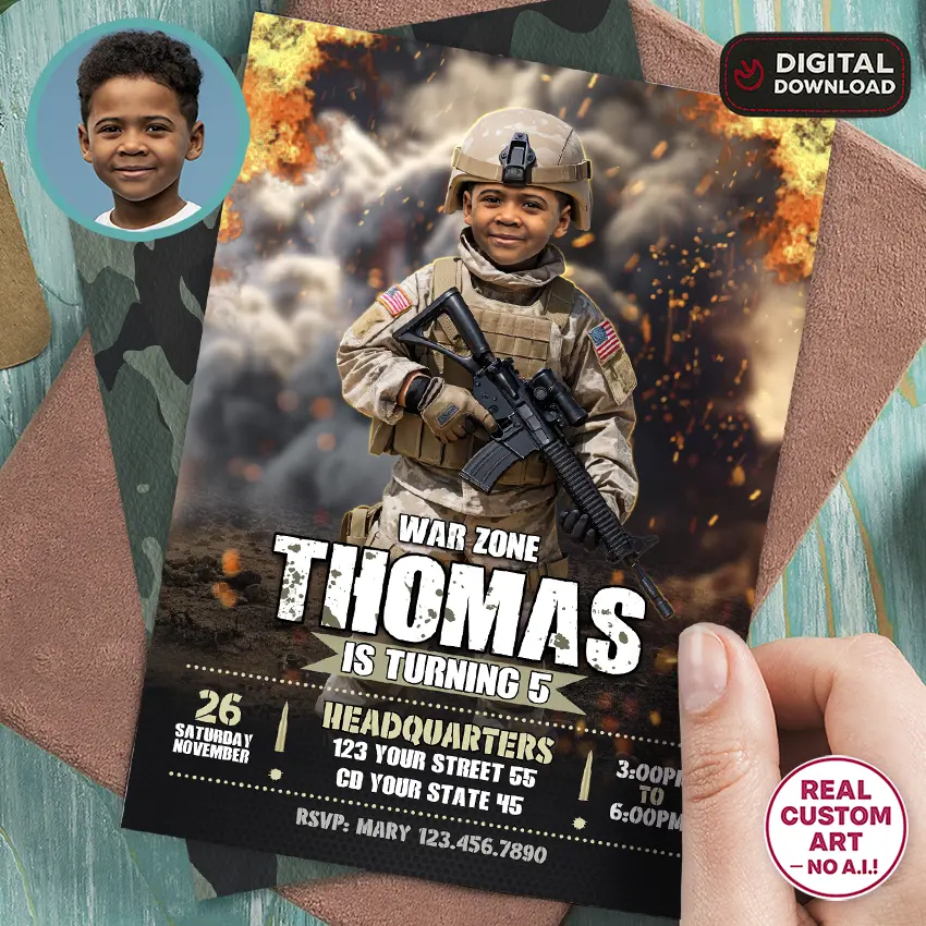 Custom army soldier birthday invitation with photo