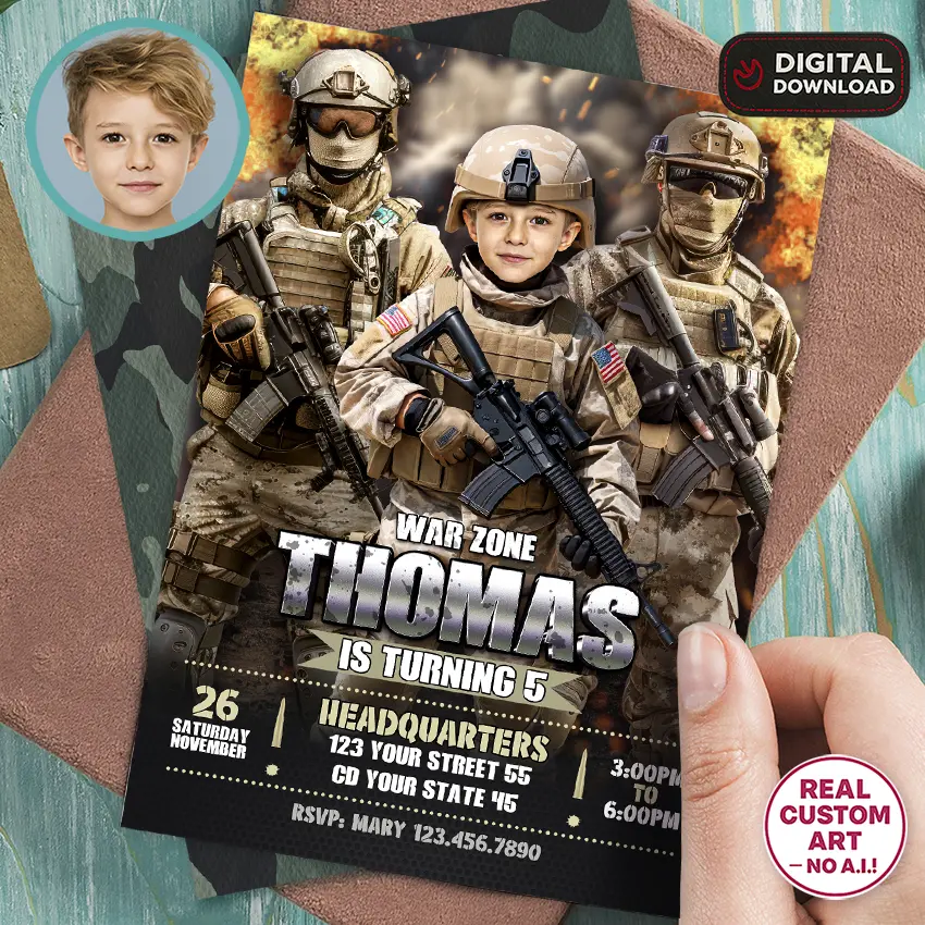 Custom soldier themed birthday invitation for boys