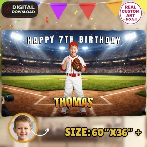 Baseball Birthday Banner – Custom Sports Party Decoration With Photo – Delivered in 24h – Digital File