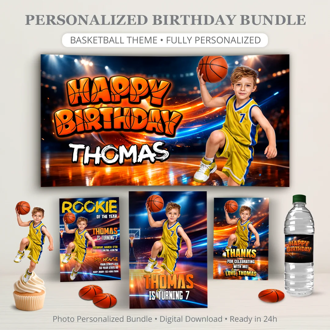 Basketball Birthday Bundle – Personalized Basketball Party Pack with Photo – Digital Download – Ready in 24h 1 Basketball Birthday Bundle – Personalized Basketball Party Pack with Photo – Digital Download – Ready in 24h