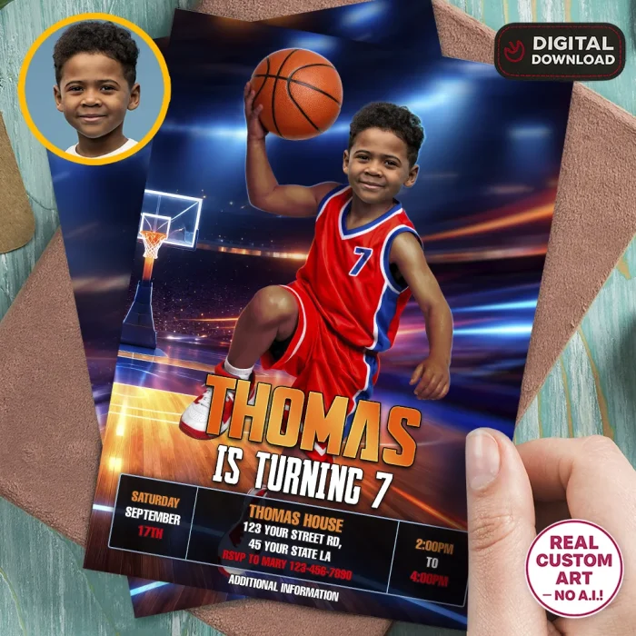 Custom Basketball Photo Invitation – Personalized Sports Birthday Invitation – Delivered in 24h – Digital File