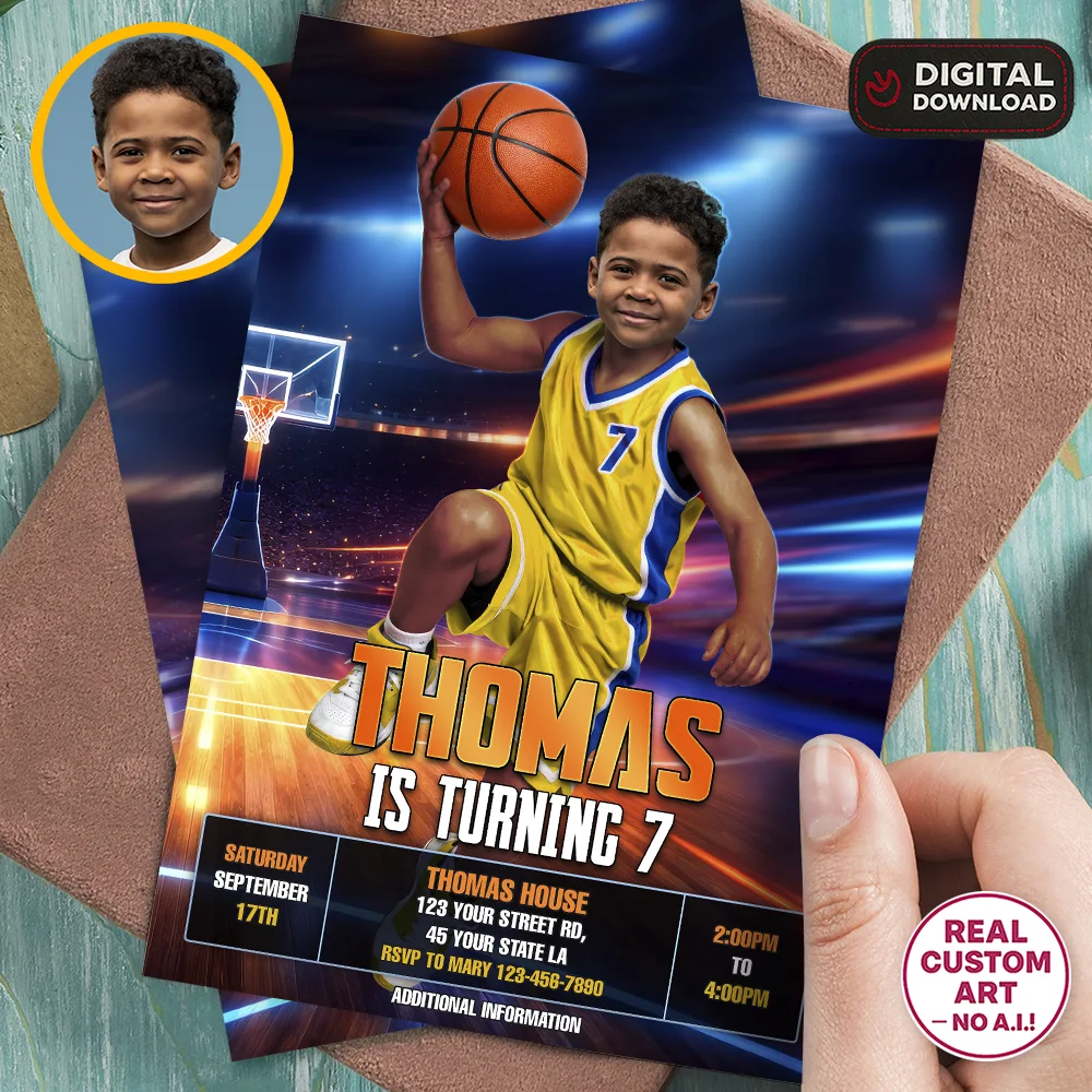 Personalized Basketball Photo Invitation – Custom Sports Birthday Invitation – Delivered in 24h – Digital File 1 Personalized Basketball Photo Invitation – Custom Sports Birthday Invitation – Delivered in 24h – Digital File