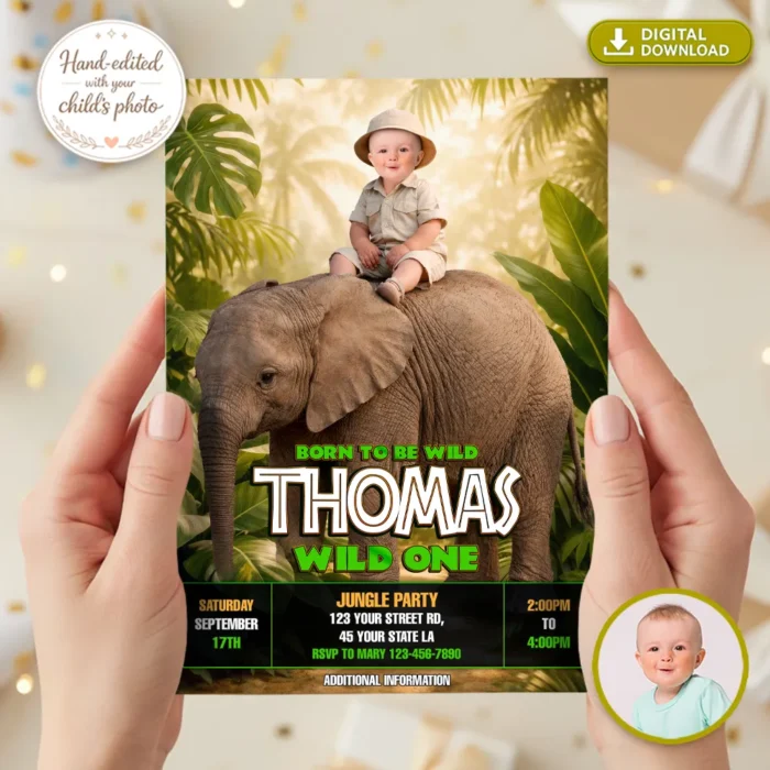 Jungle Wild One Birthday Invitation – Custom Elephant Photo Invitation – 24h Delivery – Digital File