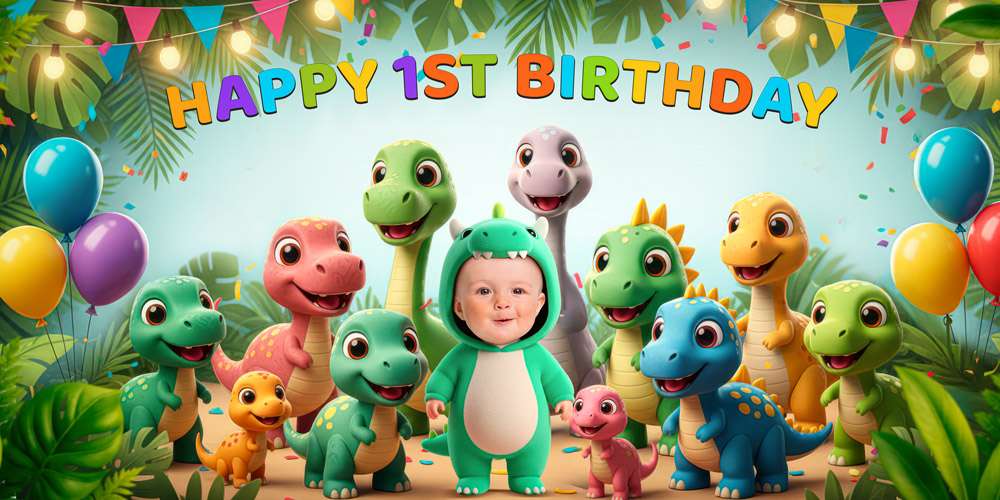 Personalized dinosaur birthday banner with photo behind dessert table and balloons