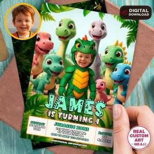 Custom Dino Birthday Invitation With Photo – Personalized T-Rex Party Invitation – Delivered in 24h – Digital File