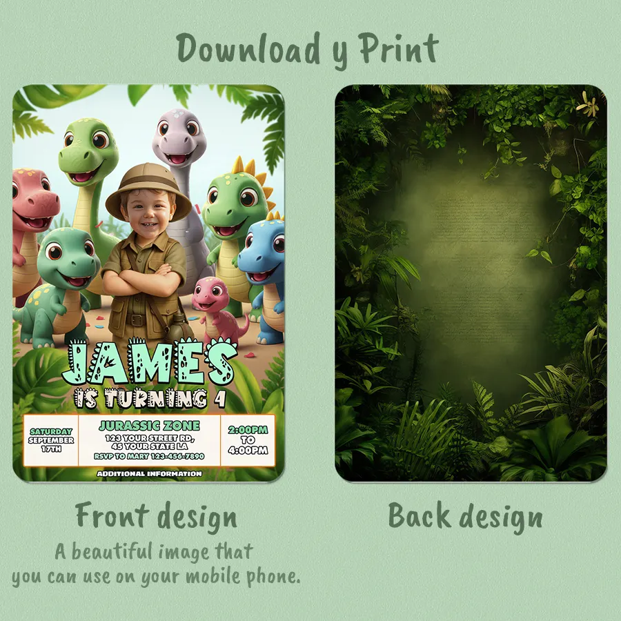 Custom Dino Birthday Photo Invitation | Cute Style Dinosaur Invite 3 Custom Dino Birthday Photo Invitation | Cute Style Dinosaur Invite - Image 3