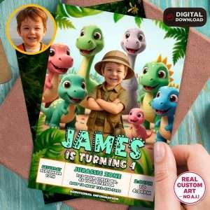 Custom Dino Birthday Photo Invitation 3D Animated Style
