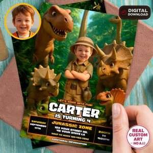 Personalized Dino Birthday Photo Invitation – Custom Jurassic Party Invitation – Delivered in 24h – Digital File