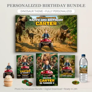 Dinosaur Birthday Bundle – Personalized Dinosaur Party Pack with Photo – Digital Download – Ready in 24h