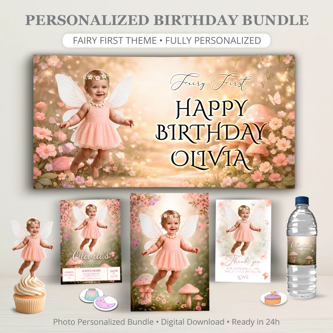 Fairy First Birthday Bundle – Personalized Fairy Party Pack with Photo – Digital Download – Ready in 24h 1 Fairy First Birthday Bundle – Personalized Fairy Party Pack with Photo – Digital Download – Ready in 24h