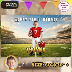 Football Party Banner – Custom Sports Birthday Photo Decoration – Delivered in 24h – Digital File