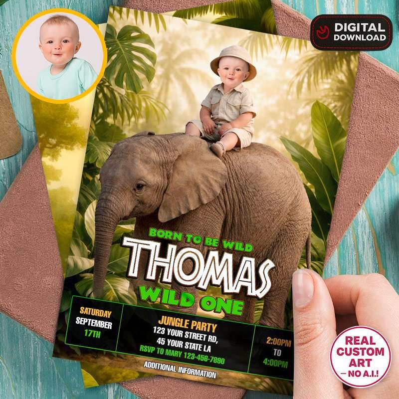 Jungle Wild One Birthday Invitation – Custom Elephant Photo Invitation – 24h Delivery – Digital File 1 Jungle Wild One Birthday Invitation – Custom Elephant Photo Invitation – 24h Delivery – Digital File