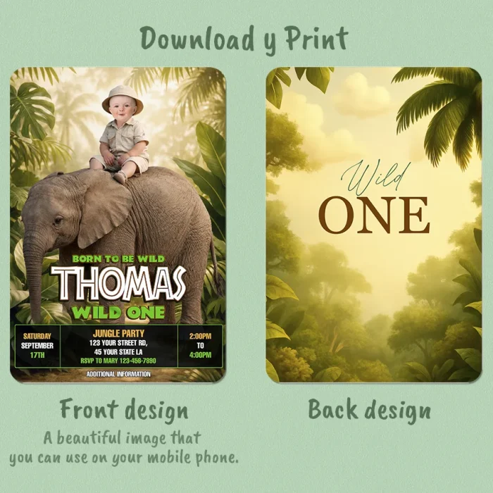 Jungle Wild One Birthday Invitation – Custom Elephant Photo Invitation – 24h Delivery – Digital File