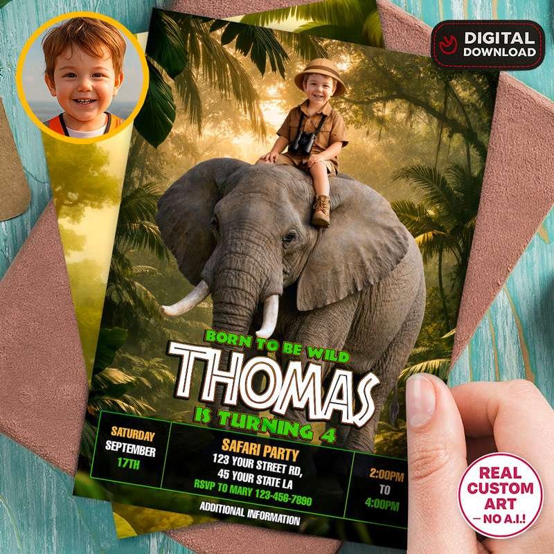 Jungle Birthday Invitation – Custom Safari Photo Invitation – 24h Delivery – Digital File 1 Jungle Birthday Invitation – Custom Safari Photo Invitation – 24h Delivery – Digital File
