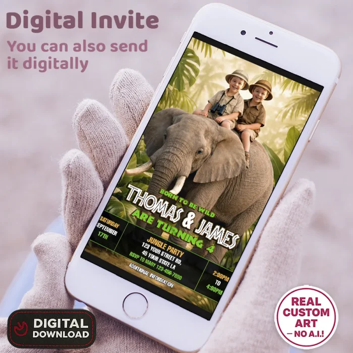 Jungle Birthday Invitation for Siblings & Friends – Custom Elephant Photo Invitation – 24h Delivery – Digital File