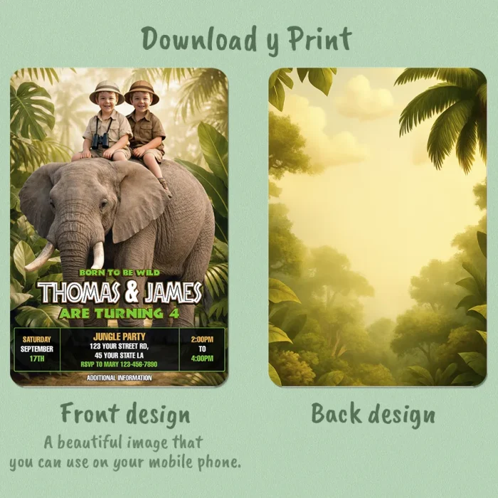 Jungle Birthday Invitation for Siblings & Friends – Custom Elephant Photo Invitation – 24h Delivery – Digital File