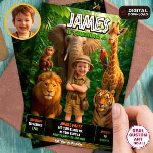 Personalized Jungle Birthday Photo Invitation – Custom Safari Party Invitation – Delivered in 24h – Digital File