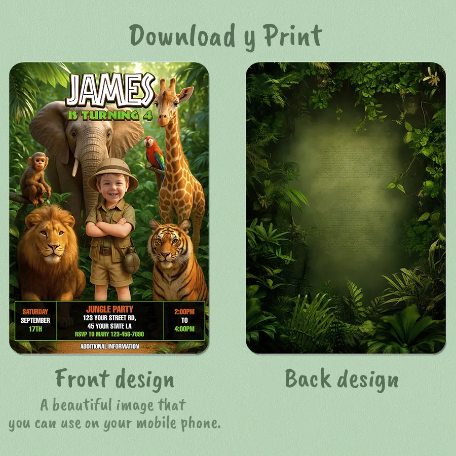 Jungle Birthday Photo Invitation – Custom Safari Party Invitation – Delivered in 24h – Digital File 2 Personalized Jungle Birthday Photo Invitation – Custom Safari Party Invitation – Delivered in 24h – Digital File