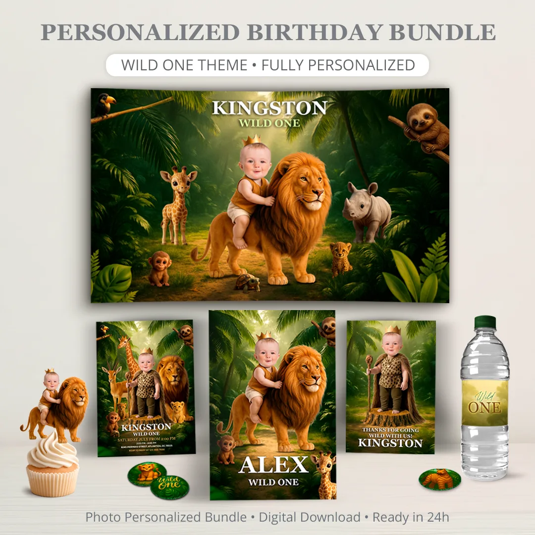 Wild One Birthday Bundle | Custom Realistic Lion Invitation & Decor Pack 1 Wild One Birthday Bundle Custom Photo Lion Invitation and Decor
