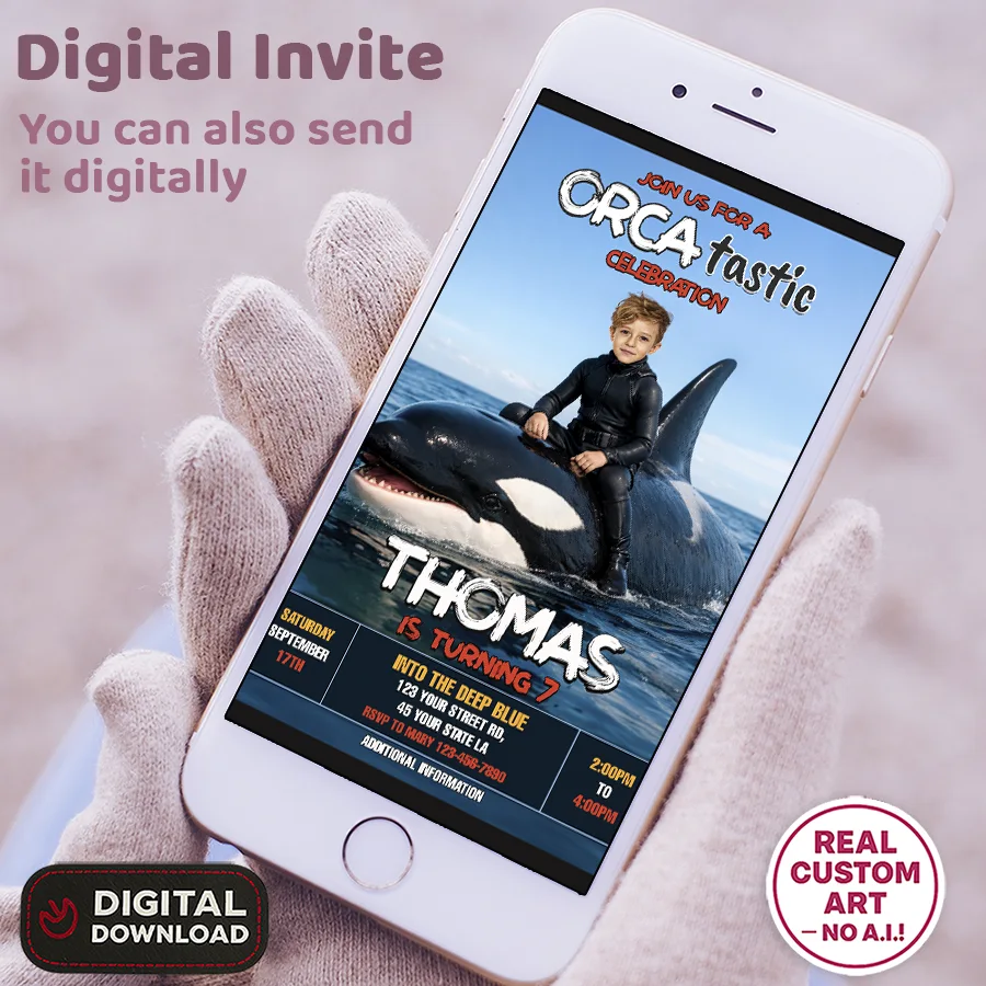 Orca Birthday Invitation – Custom epic ocean Photo Invitation – 24h Delivery – Digital File 3 Orca Birthday Invitation – Custom epic ocean Photo Invitation – 24h Delivery – Digital File