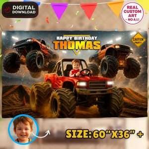 Monster Truck Birthday Photo Banner – Custom Off-Road Party Decoration – Delivered in 24h – Digital File