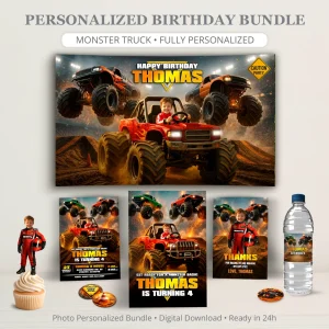 🚛 Monster Truck Birthday Bundle – Personalized Monster Truck Party Pack with Photo – Digital Download – Ready in 24h