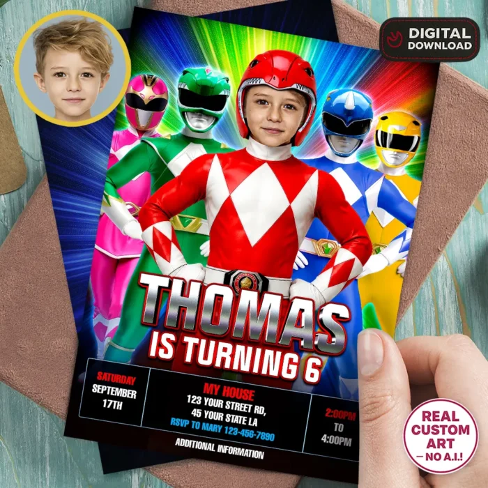 Personalized Power Rangers Birthday Invitation | Custom Power Rangers Photo Invite
