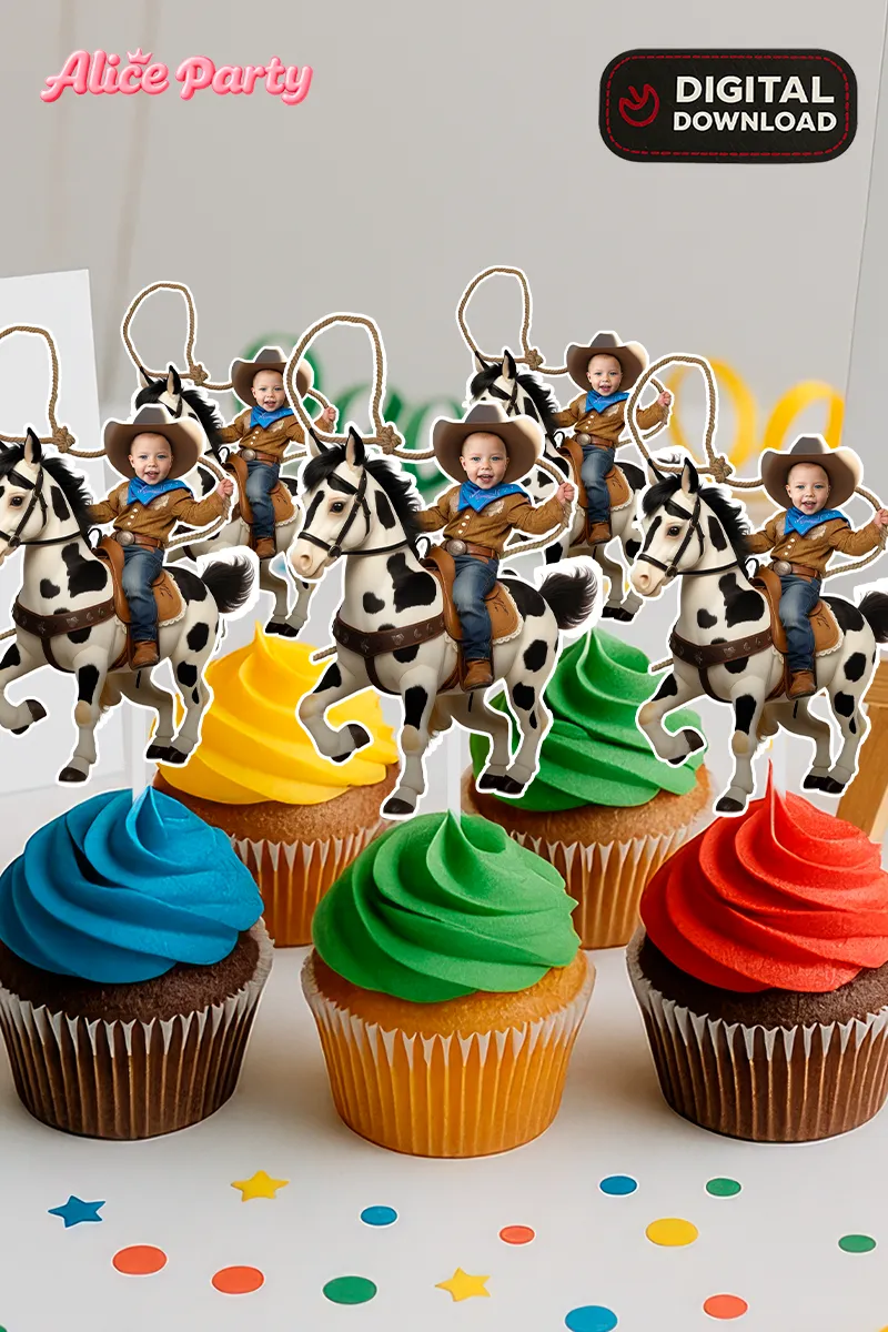 Personalized Cowboy Rodeo Cupcake Toppers – Custom Western Birthday Party Decoration – Delivered in 24h – Digital File 2 Personalized Cowboy Rodeo Cupcake Toppers
