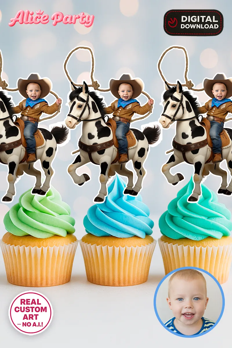 Personalized Cowboy Rodeo Cupcake Toppers – Custom Western Birthday Party Decoration – Delivered in 24h – Digital File 3 Personalized Cowboy Rodeo Cupcake Toppers