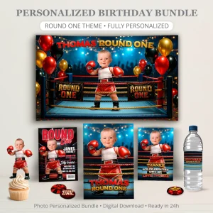 🥊 Round One Baby Boxer Birthday Bundle – Personalized Boxing Party Pack with Photo – Digital Download – Ready in 24h