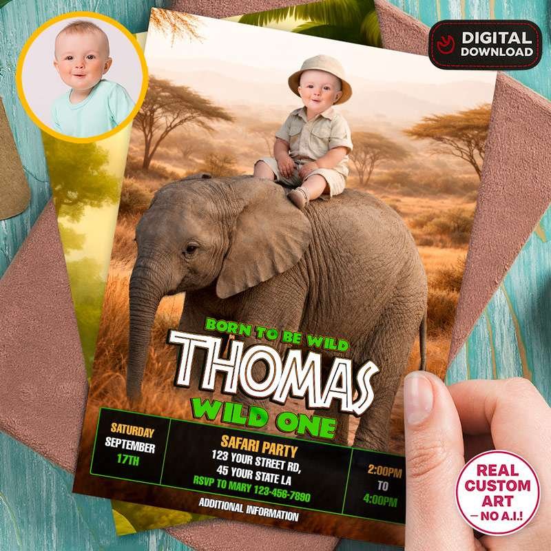 Safari Wild One Birthday Invitation – Custom Elephant Photo Invitation – 24h Delivery – Digital File 1 Safari Wild One Birthday Invitation – Custom Elephant Photo Invitation – 24h Delivery – Digital File