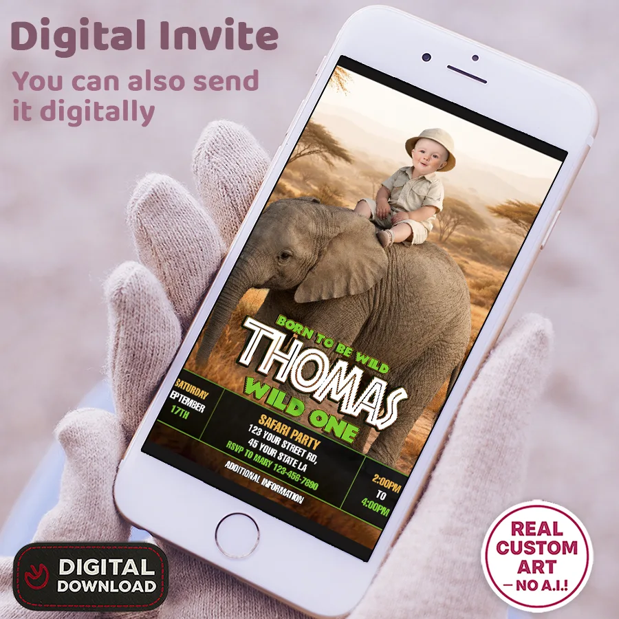 Safari Wild One Birthday Invitation – Custom Elephant Photo Invitation – 24h Delivery – Digital File 3 Safari Wild One Birthday Invitation – Custom Elephant Photo Invitation – 24h Delivery – Digital File