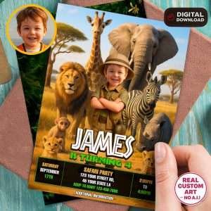 Custom Safari Birthday Photo Invitation – African Savanna Party Invitation – Delivered in 24h – Digital File