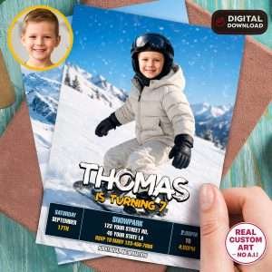 🏂 Snowboard Birthday Photo Invitation – Personalized Snowboard Invitation for Kids – Delivered in 24h – Digital File
