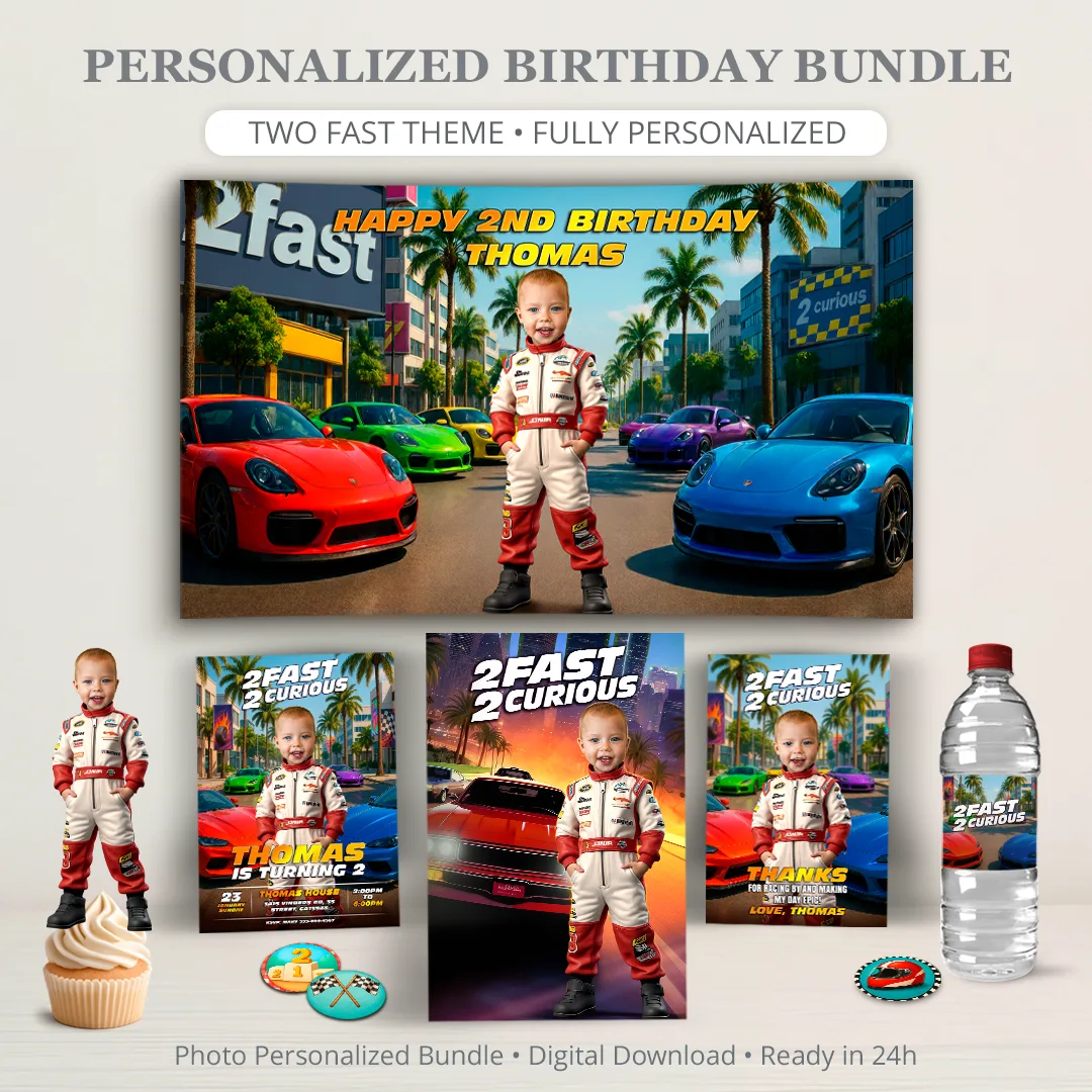 Two Fast Birthday Bundle | Custom 2nd Birthday Racing Invitation & Decor Pack 1 Two Fast Birthday Bundle Custom Racing Invitation and Decor