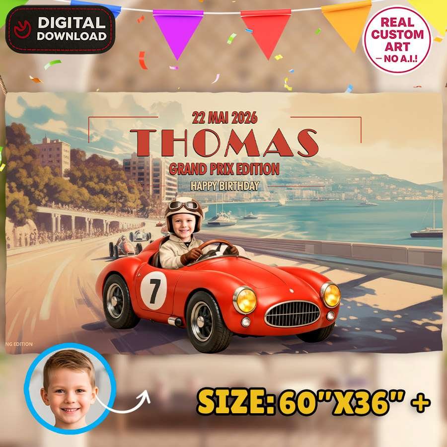 Personalized vintage racing birthday banner with photo