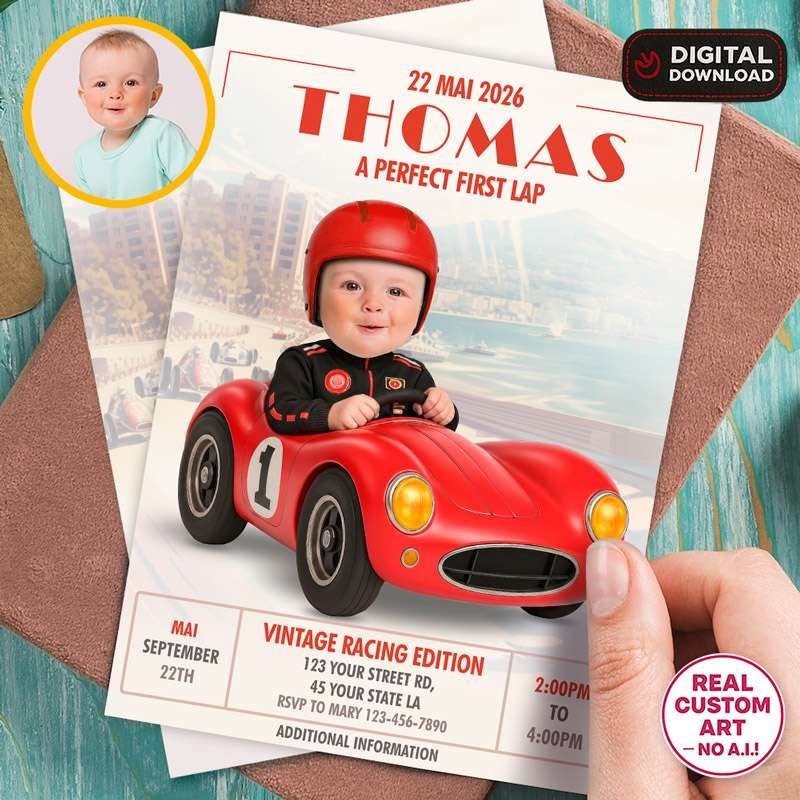 Vintage Racing first and second birthday photo invitation
