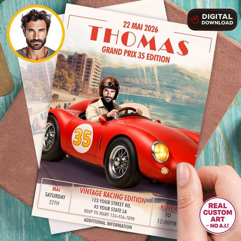 Personalized vintage racing birthday invitation with photo