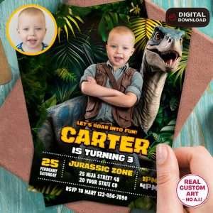 Personalized Dinosaur Birthday Photo Invitation – Jurassic Birthday Party Invitation – Delivered in 24h – Digital File